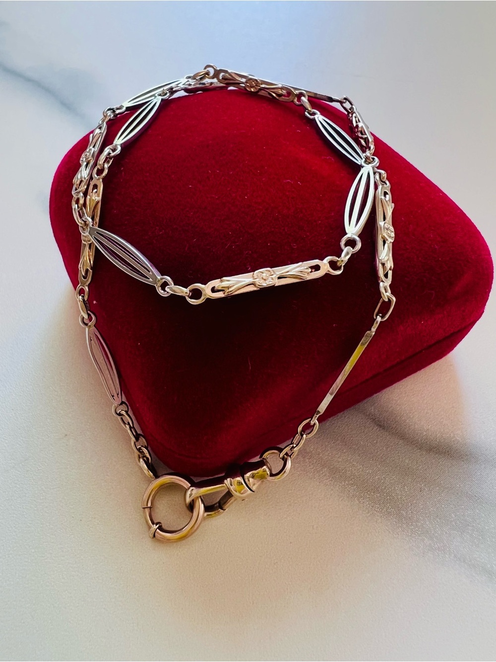 Exquisite Antique Art Deco 14K Solid White and Yellow Gold Watch Chain Bracelet